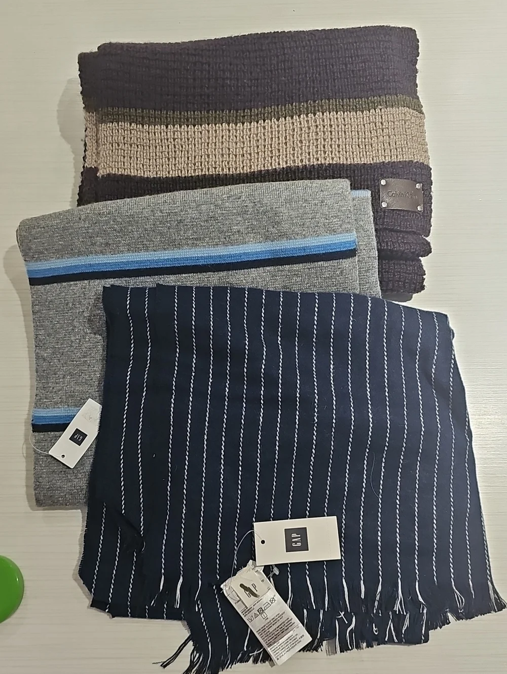 Lot Of 3 Scarves: GAP Navy Pinstripe NWT, GAP Gray/navy NWT, Brown CK
